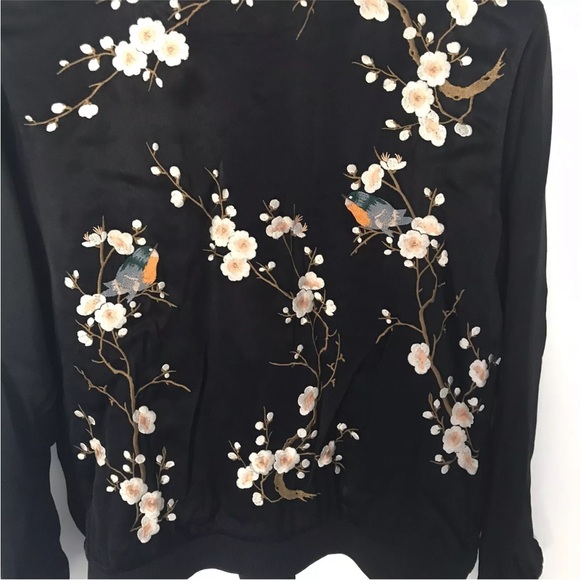 Zara Satin Embroidered Bomber Jacket Black Cherry Blossoms & Birds Small Black - Picture 3 of 14